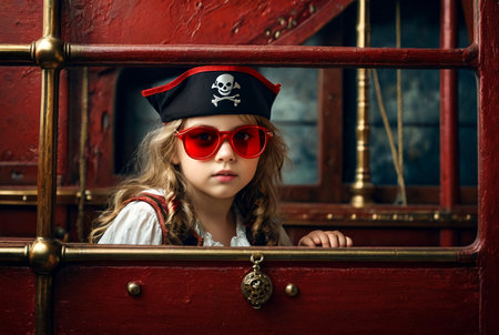 Close-up portrait of child girl in pirate image with reflection red eyeglasses posing in hold of ship at textured wall. Kid in pirates corsair costume. Theater performance concept. Copy ad text spaceの素材
