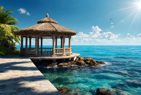 Stone pier on rocks with gazebo against blue sky and tropical sea. Landscape on shore of Gulf of Thailand, Cambodia. Pierce to conduct the ceremony. Author's space. Large space for an inscription or logoの素材