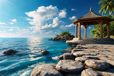 Stone pier on rocks with gazebo against blue sky and tropical sea. Landscape on shore of Gulf of Thailand, Cambodia. Pierce to conduct the ceremony. Author's space. Large space for an inscription or logoの素材