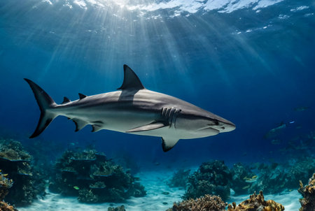 Oceanic whitetip shark. Carcharhinus longimanus swimming in red sea. Sharks in the wild. Marine life underwater in blue ocean. Observation animal world. Scuba diving adventure in Red sea, coast Africaの素材