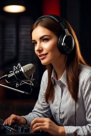 Young woman radio host in studio with headphones and microphone and talk news live. Cute female with clipboard hosting live show on station. Concept radio and Internet broadcasting for listenersの素材