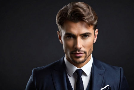 Portrait of an elegant stylish handsome man on dark background. Luxury studio fashion portrait. Guy looking assertive and interested. Concept of serious approach to your work and confidence in resultの素材