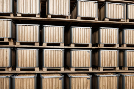 Storage warehouse of chemical liquids. Smooth rows of liquid containers in wooden boxes. Background of bottles stored in warehouses. Concept of warehousing and storage of goods. Copy spaceの素材