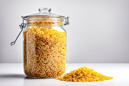 Transparent storage jar with wholegrain pasta with gluten on white isolated background. Transparent plastic container with lid for store food and bulk product. Pasta in jar for store. Copy spaceの素材