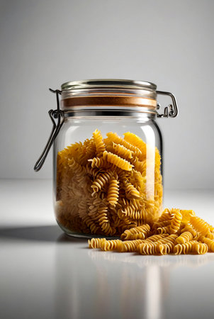Transparent storage jar with wholegrain pasta with gluten on white isolated background. Transparent plastic container with lid for store food and bulk product. Pasta in jar for store. Copy spaceの素材