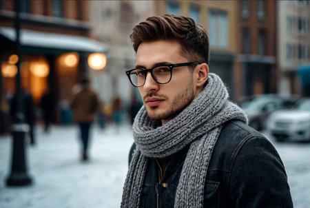Portrait of young man in casual winter clothes with glasses on walk city. An attractive teenager stands in old town looking away serious but smiling slightly on frosty overcast day. Copy spaceの素材