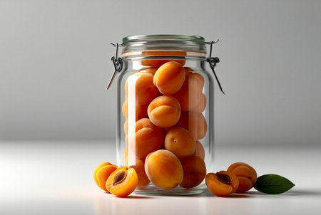 Transparent storage jar with dried apricot on white isolated background. Transparent plastic container with lid for storing food and bulk product. Apricot in jar for store. Copy spaceの素材