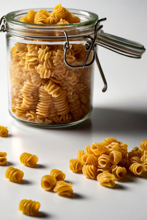 Transparent storage jar with wholegrain pasta with gluten on white isolated background. Transparent plastic container with lid for store food and bulk product. Pasta in jar for store. Copy spaceの素材