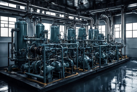 Industrial interior of water pump, valves, pressure gauges, motors inside engine room. Valve and pumps in an industrial room. Urban modern powerful pipelines and pumps, automatic control systemsの素材