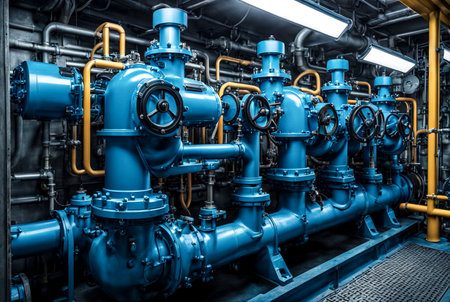 Industrial interior of water pump, valves, pressure gauges, motors inside engine room. Valve and pumps in an industrial room. Urban modern powerful pipelines and pumps, automatic control systemsの素材