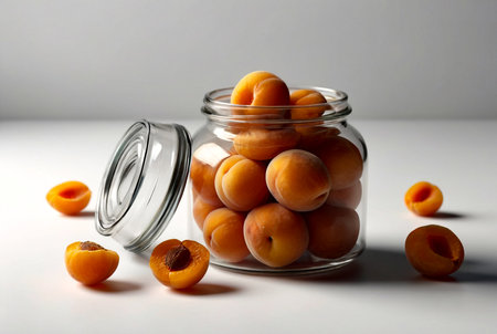 Transparent storage jar with dried apricot on white isolated background. Transparent plastic container with lid for storing food and bulk product. Apricot in jar for store. Copy spaceの素材