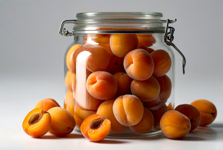 Transparent storage jar with dried apricot on white isolated background. Transparent plastic container with lid for storing food and bulk product. Apricot in jar for store. Copy spaceの素材