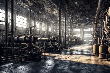 Tinted snapshot of old industrial interior of Factory floor with pipes and utilities. Luxurious backdrop for presentation and design of poster with author space for text or logoの素材