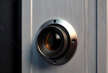 Background spy hole. Human eye in viewing pit close-up. Close lens door peephole on brown metal texture. Door lens. Author's space. Large background space for an inscription or logo. Copy spaceの素材