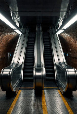 An empty escalator in subway metro. Transportation of people up and down stairs. Escalators without people. Mall, elevateの素材