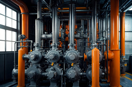 Industrial interior of water pump, valves, pressure gauges, motors inside engine room. Valve and pumps in an industrial room. Urban modern powerful pipelines and pumps, automatic control systemsの素材