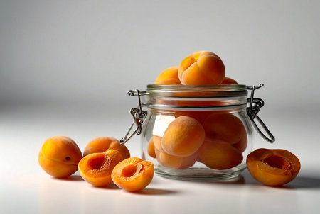 Transparent storage jar with dried apricot on white isolated background. Transparent plastic container with lid for storing food and bulk product. Apricot in jar for store. Copy spaceの素材