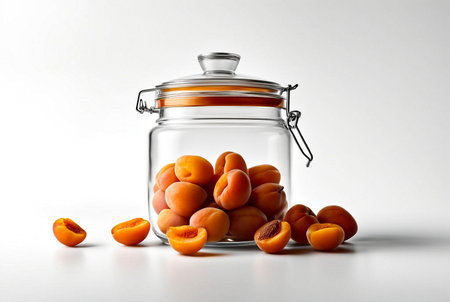 Transparent storage jar with dried apricot on white isolated background. Transparent plastic container with lid for storing food and bulk product. Apricot in jar for store. Copy spaceの素材