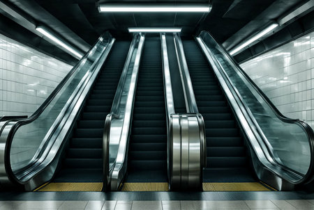 An empty escalator in subway metro. Transportation of people up and down stairs. Escalators without people. Mall, elevateの素材
