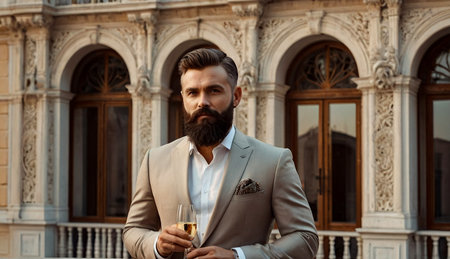 Portrait stylish man with champagne on balcony of historical palace in suit, looking at camera. An middle ages male in love spends weekend. Concept of romantic dates and surprises. Copy spaceの素材