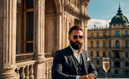 Portrait stylish man with champagne on balcony of historical palace in suit, looking at camera. An middle ages male in love spends weekend. Concept of romantic dates and surprises. Copy spaceの素材