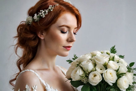 Soft portrait irish stylish bride young woman in white wedding dress with bouquet, closed eyes. Bride lady in vintage room on gray wall background in studio. Fashion style concept. Copy text spaceの素材