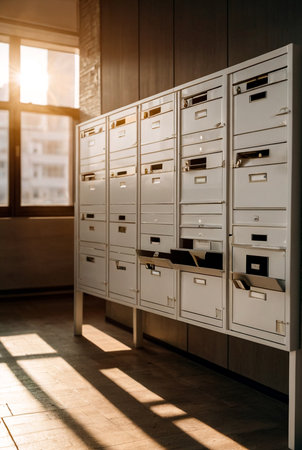 White Mailboxes in an apartment residential building at window with sun flare background. Backdrop of rows of numbered mailbox in residential apartment build. Correspondence concept. Copy text spaceの素材