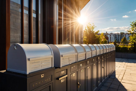White Mailboxes in an apartment residential building at window with sun flare background. Backdrop of rows of numbered mailbox in residential apartment build. Correspondence concept. Copy text spaceの素材