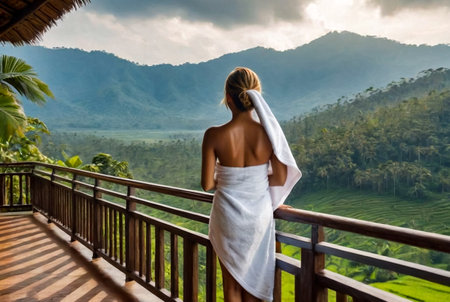 Rear view tourist young woman relaxing on balcony and looking mountain landscape at countryside Sri Lanka wearing towel in morning. Vacation, travel, journey, trip and relax concept. Copy text spaceの素材