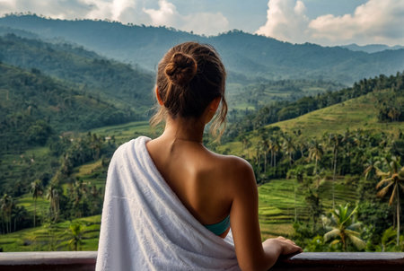Rear view tourist young woman relaxing on balcony and looking mountain landscape at countryside Sri Lanka wearing towel in morning. Vacation, travel, journey, trip and relax concept. Copy text spaceの素材