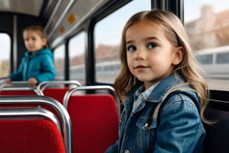 Pretty little girl rides bus of public modern transport looking away. Child in metropolitan transport, sitting on seat, looks out window. Concept of public transport and urban lifestyle. Copy spaceの素材