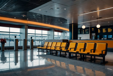 Empty waiting area in terminal International Airport. Modern lounge wait room with seats. No passengers, no vacation. Concept Air Transportation industry. Copy text spaceの素材