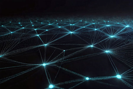 Abstract background of data technology creativity backdrop. Connecting dots and lines on dark black background, poster. Conceptual design backgrounds concept. Gen ai illustration. Copy ad text spaceの素材
