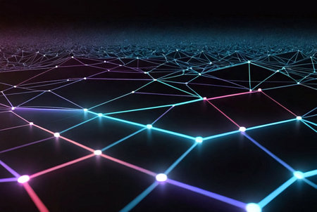 Abstract background of data technology creativity backdrop. Connecting dots and lines on dark black background, poster. Conceptual design backgrounds concept. Gen ai illustration. Copy ad text spaceの素材