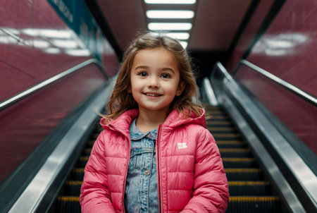 Little girl 5 year old going up subway escalator in underground metro, happy looking at camera. Lovely child passenger in pink jacket at subway. Public urban transportation concept. Copy ad text spaceの素材
