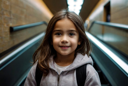 Little girl 5 year old going up subway escalator in underground metro, happy looking at camera. Lovely child passenger in pink jacket at subway. Public urban transportation concept. Copy ad text spaceの素材