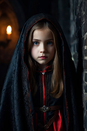 Frowning vampire in cloak posing near chest in underground castle dark room, severe looking at camera. Child girl actress in Dracula image poses indoors. Theater performing concept. Copy ad text spaceの素材