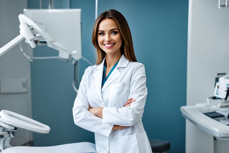 Lifestyle portrait of woman dentist doctor in medical white gown sitting at dental office in clinic, smiling looking at camera. Medicine children dentistry concept. Copy ad text spaceの素材