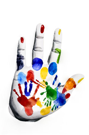Baby handprint with watercolor on white wall background. Works of child abstract sketch. Colored kids handprints and splattered messy on pictures. Unique backgrounds for creativity and wallpaperの素材
