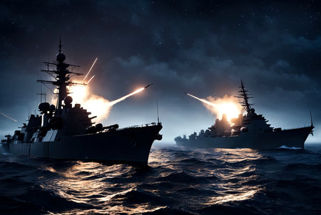 Night war battle scene at open sea, silhouette of battle of military warships fight in night. Scenery of battleships on protection of water state borders. Naval forces army concept. Copy ad text spaceの素材