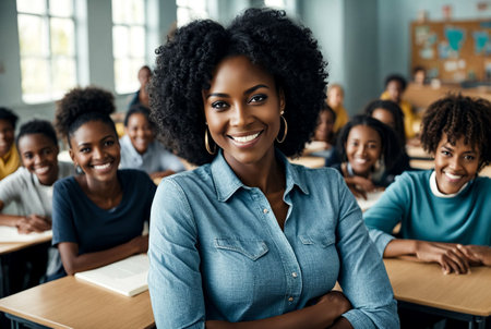Portrait of teacher black woman in middle school at classroom with learning students, look at camera. Proud lady educator with children, smiles pleasantly. Study education concept. Copy ad text spaceの素材