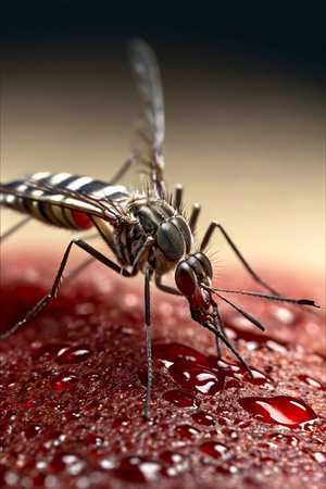 Mosquitoes (Aedes aegypti) sucking human blood, close up. Close-up of striped mosquito on human skin, macro photo. Carriers of dengue fever and malaria concept. Gen ai illustrated. Copy ad text spaceの素材