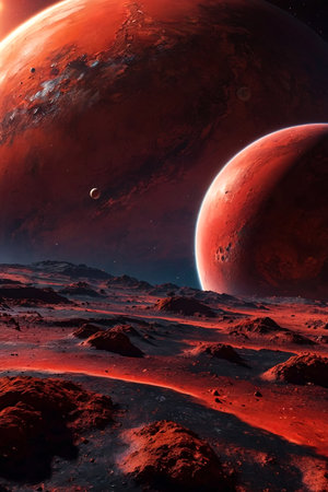 Red futuristic planet in outer cosmic space of solar system. Terraforming of fantastic planet. Elements of fabulous fantastic concept. Cartoon generate ai illustration. Copy ad text spaceの素材