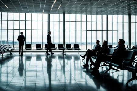 Interior of waiting room with silhouette people in terminal International Airport. Wait area with passengers seats, waiting airplane. Concept of Air Transportation industry. Copy ad text spaceの素材