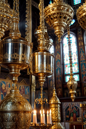 Close-up of iron censers hanging at large icon background in orthodox church or temple for easter ceremony. Icon-lamp in orthodox temples. Concept of church religion backgrounds. Copy ad text spaceの素材