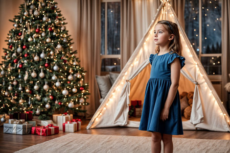 Portrait of child cover girl in blue dress posing at Christmas tree and wigwam, thinking looking away. Face of passive kid girl 7 year old in children room. Christmas magic concept. Copy ad text spaceの素材