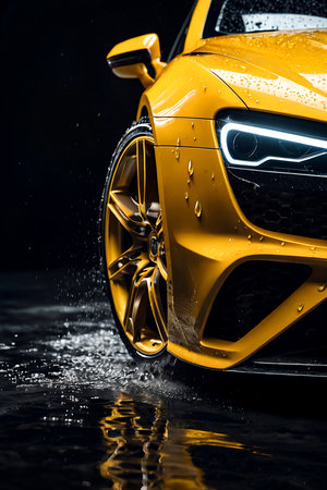 Modern yellow performance luxury car in dark car wash environment. Creative led headlights vehicle of sportscar with dripping drops during washing. Car wash advertising concept. Copy ad text spaceの素材