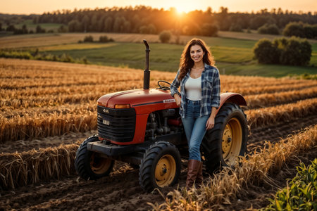 Perfect smiling farmer brunette lady in agriculture field with tractor at sunset background. Farmer woman in front of equipment on harvested countryside. Happy harvesting concept. Copy ad text spaceの素材