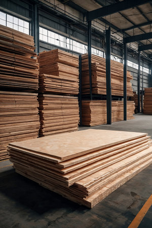 Close-up of stacks of plywood sheets in industrial setting, wood at manufacture factory. Stockwood treating in production woodwork plant. Woodwork plywood industry concept. Copy ad text spaceの素材
