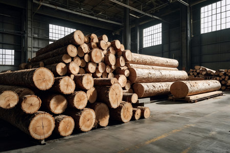 Log trunks pile sawn trees, cut trees along prepared for removal. Wood logs indoors background stack in industrial plywood factory full frame. Logging timber wood industry concept. Copy ad text spaceの素材